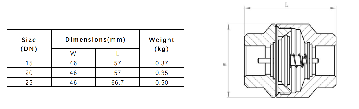 Dimensions DCV check valve