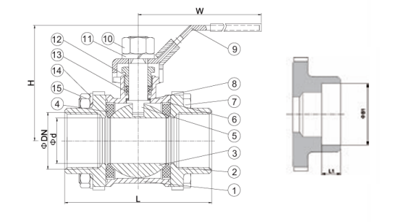 Structural drawing BV-3 pieces ball valve