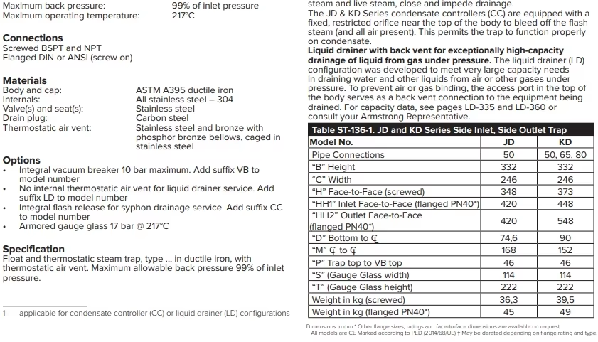 Specifications JD/KD floating ball steam trap