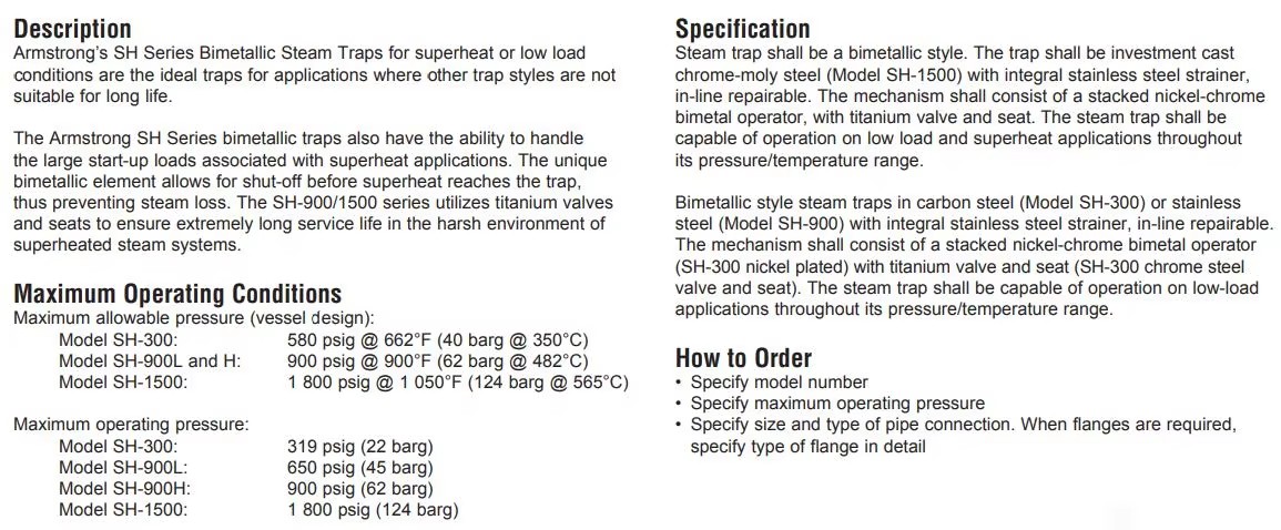 parameters biometallic steam trap
