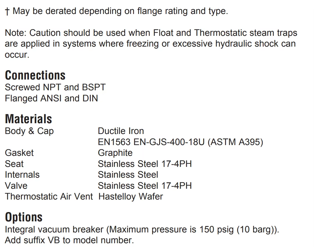 Specifications AIC floating ball steam trap